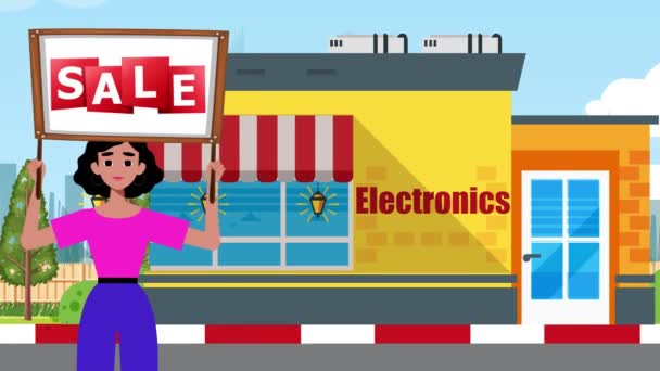 Girl Holding Sale Signboard Comes Electronics Store Background Animation Frau — Stockvideo