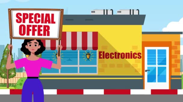 Girl Holding Special Offer Signboard Comes Electronics Store Antecedentes Animação — Vídeo de Stock