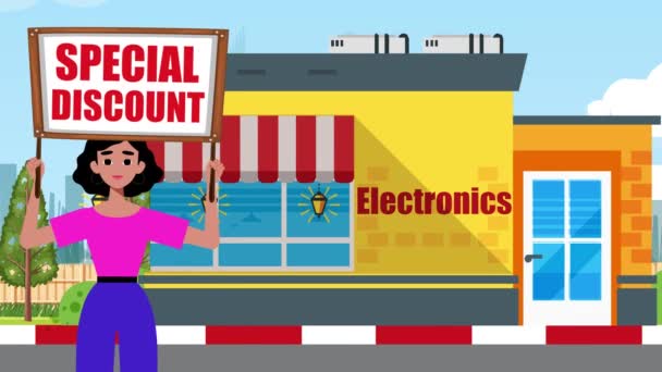 Girl Holding Special Discount Signboard Comes Electronics Store Background Animation — Stock Video