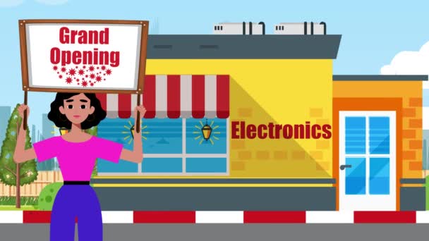 Girl Holding Grand Opening Signboard Comes Electronics Store Háttér Animáció — Stock videók