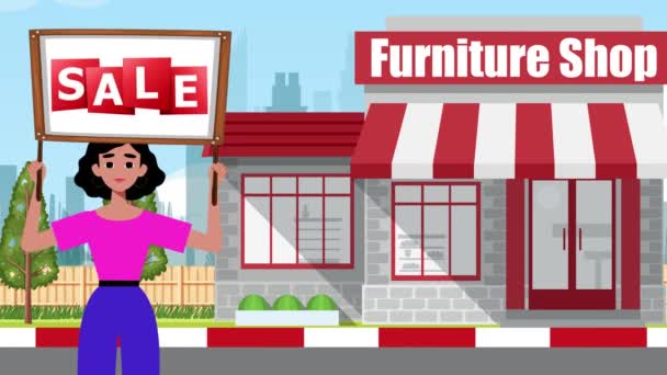Girl Holding Sale Signboard Comes Furniture Store Background Animation Woman — Stock Video