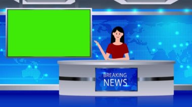 Haber stüdyosundaki karikatür muhabiri yeşil medya ekranı / haber animasyonu, kız haber muhabiri, yeşil ekran