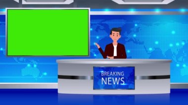 Haber stüdyosundaki karikatür muhabiri yeşil medya ekranı / haber animasyonu, haber spikeri çocuk, yeşil ekran