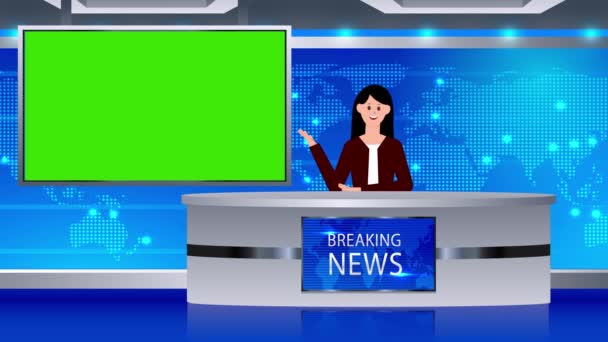 Мультиплікаційний Репортер Новин Новинній Студії Анімація Зеленим Медіа Екраном Анімація — стокове відео