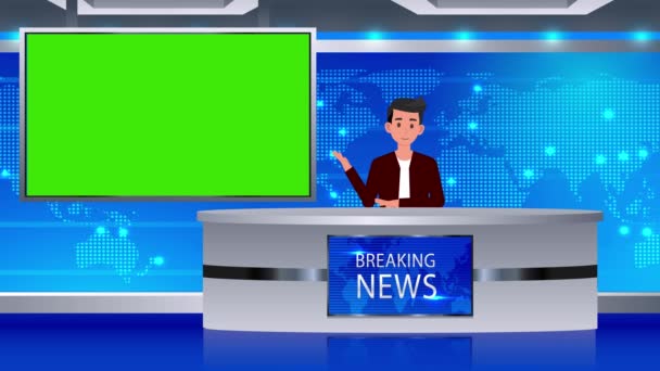 Cartoon Nachrichtenreporter Nachrichtenstudio Animation Mit Grünem Medienbildschirm Nachrichtenberichterstattung Animation Nachrichtenreporter — Stockvideo