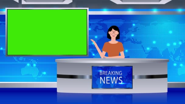 Haber Stüdyosundaki Karikatür Muhabiri Yeşil Medya Ekranı Haber Animasyonu Kız — Stok video