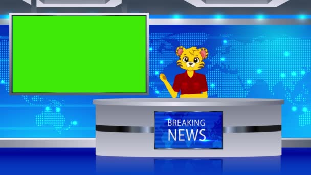 Cartoon Tiger Nachrichtenreporter Nachrichtenstudio Animation Green Screen Nachrichtenberichterstattung Animation Nachrichtenreporter — Stockvideo