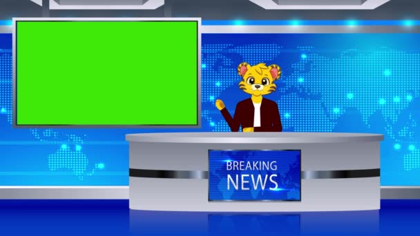 Γελοιογραφία Τίγρης Δημοσιογράφος Ειδήσεων Στο Στούντιο Ειδήσεων Animation Πράσινη Οθόνη — Αρχείο Βίντεο