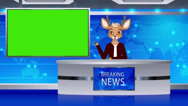 Cartoon Hirsch Nachrichtenreporter Nachrichtenstudio Animation Green Screen Nachrichtenberichterstattung Animation Nachrichtenreporter — Stockvideo