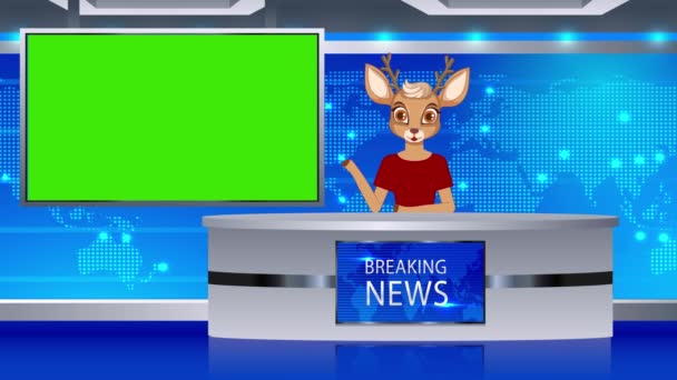 Cartoon Hirsch Nachrichtenreporter Nachrichtenstudio Animation Green Screen Nachrichtenberichterstattung Animation Nachrichtenreporter — Stockvideo
