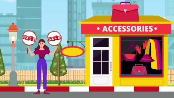 Girl Holding Sale Signboards Standing Accessories Shop Fundo Animação Mulher — Vídeo de Stock