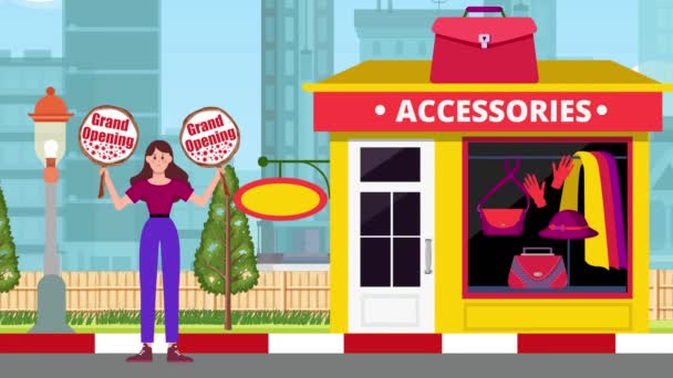Büyük Açılış Panolarını Tutan Aksesuar Dükkanında Duran Kız Animasyon Kadın — Stok video