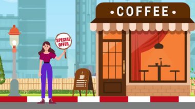 Özel Teklif Tahtası Tutan Kız ve Kahve Dükkanı Arkaplanı / Animasyon, Kadın, İşaret, Duruş, Pazarlama, İş