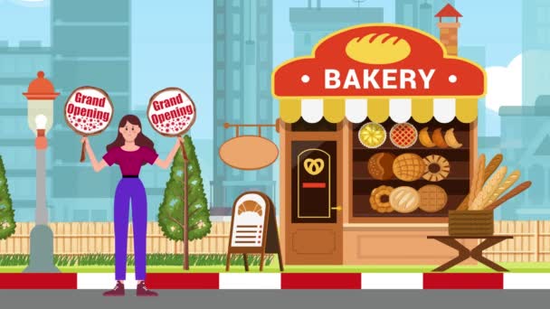 グランドオープニング看板を保持し ベーカリーの背景に立って アニメーション サイン スタンド マーケティング ビジネス — ストック動画