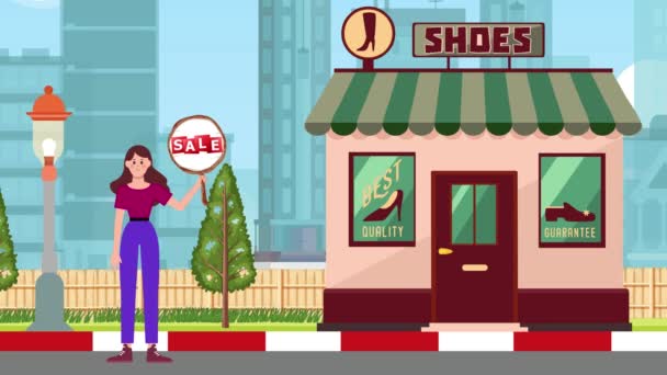 販売看板を保持し 靴の店の背景 アニメーション サイン スタンド マーケティング ビジネスに立っている少女 — ストック動画