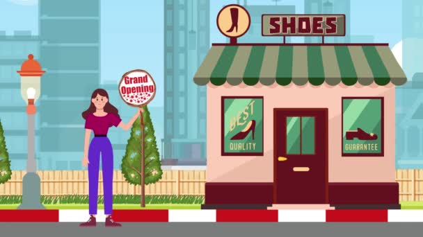グランドオープニング看板を保持し 靴店の背景 アニメーション サイン スタンド マーケティング ビジネスに立っている少女 — ストック動画