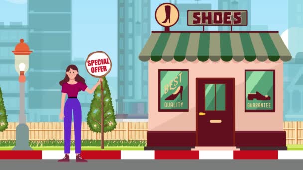 特別なオファーの看板を保持し 靴の店の背景 アニメーション サイン スタンド マーケティング ビジネスに立っている少女 — ストック動画