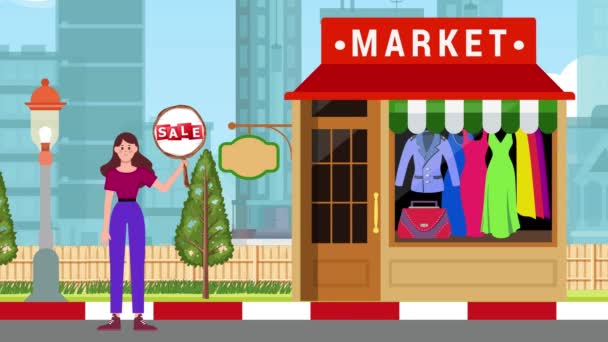Dziewczyna Gospodarstwa Sprzedaż Signboard Stojąc Tle Super Market Animacja Kobieta — Wideo stockowe