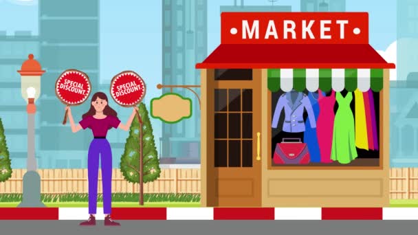Girl Holding Special Discount Signboards Standing Super Market Achtergrond Animatie — Stockvideo