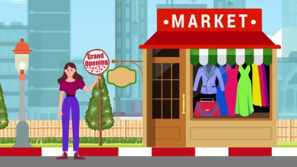 Garota Segurando Uma Placa Abertura Grande Fundo Supermercado Animação Mulher — Vídeo de Stock