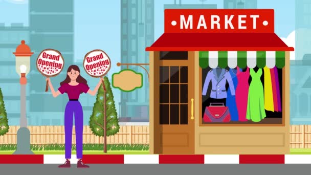 Garota Segurando Grandes Placas Abertura Fundo Supermercado Animação Mulher Sinal — Vídeo de Stock