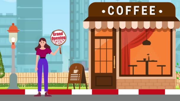 グランドオープニング看板を保持し コーヒーショップの背景 アニメーション サイン スタンド マーケティング ビジネスに立つ少女 — ストック動画