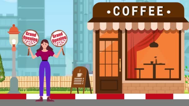 Kız Büyük Açılış Panolarını Tutuyor Kahve Dükkanının Önünde Duruyor Arka — Stok video