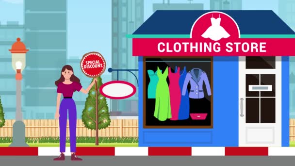 持有特别折扣牌并站在服装店背景 业务的女孩 — 图库视频影像