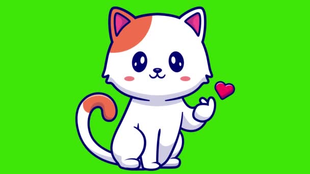 Yeşil Ekranda Animasyonuyla Koreli Kalp Işareti Yapan Çizgi Film Kedisi — Stok video