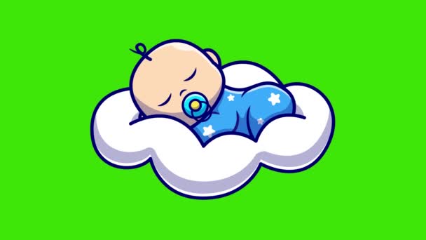 Мультяшна Дитина Спить Плаваючій Анімації Хмари Зеленому Екрані Графіці Руху — стокове відео