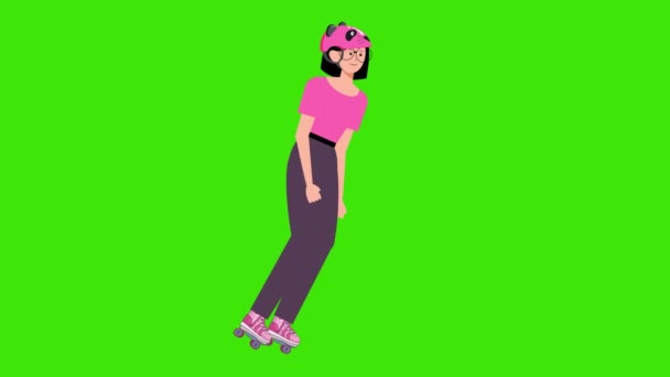 Mädchen Rollschuhlaufen Auf Grünem Bildschirm Cartoon Frau Schlittschuhlaufen Auf Grünem — Stockvideo