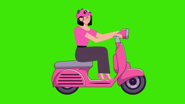 女の子は緑のスクリーン 漫画の女性のドライブスクーターにスクーターに乗ります 平らな様式のアニメーション 動きのグラフィック — ストック動画