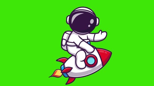 Animacja Astronauty Kosmicznego Siedzącego Rakiecie Latającego Zielonym Ekranie Kreskówce Zielonym — Wideo stockowe