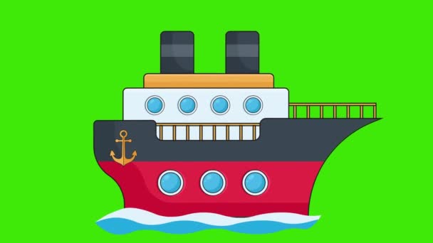 Круизный Корабль Плавающий Синих Волнах Зеленом Фоне Мультфильм Цветной Круизный — стоковое видео