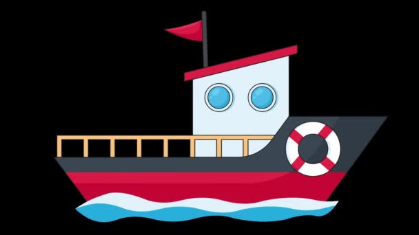 Cabin Cruiser Schwimmt Blauen Wellen Auf Schwarzem Hintergrund Cartoon Bunten — Stockvideo