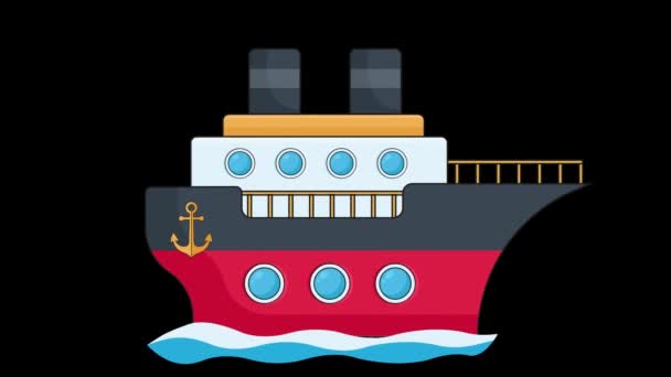 黒い背景の青い波に浮かぶクルーズ船 浮遊する漫画のカラフルなクルーズ船 2Dアニメーション — ストック動画