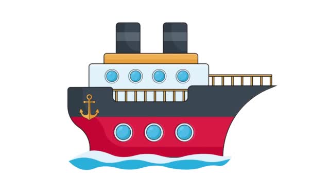 Kreuzfahrtschiff Schwimmt Blauen Wellen Auf Weißem Hintergrund Cartoon Buntes Kreuzfahrtschiff — Stockvideo