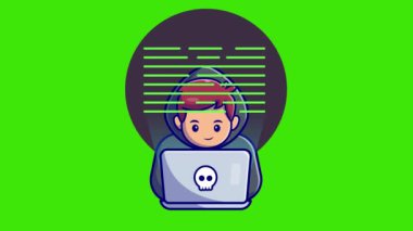 Çizgi film korsanı yeşil ekrandaki dizüstü bilgisayar animasyonunu hackliyor / laptop / online dolandırıcılık uyarısı üzerinde çalışan adamlar
