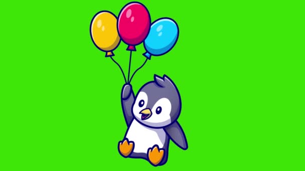Kleurrijke Ballonnen Vliegen Met Schattige Baby Pinguïn Animatie Groen Scherm — Stockvideo