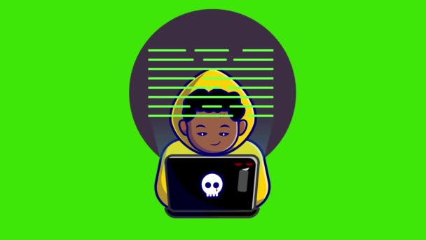 Çizgi Film Korsanı Yeşil Ekrandaki Dizüstü Bilgisayar Animasyonunu Hackliyor Laptop — Stok video