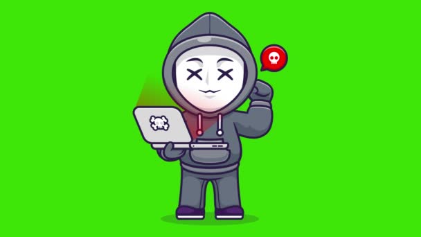 动漫黑客在绿色屏幕上对笔记本电脑动画进行黑客攻击 在笔记本电脑上工作的人 网上诈骗警告 — 图库视频影像