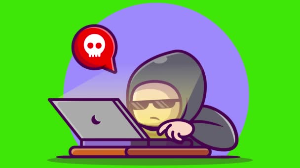 动漫黑客在绿色屏幕上对笔记本电脑动画进行黑客攻击 在笔记本电脑上工作的人 网上诈骗警告 — 图库视频影像