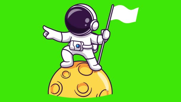 Cartoon Astronaut Staan Planeet Met Een Vlag Animatie Groen Scherm — Stockvideo