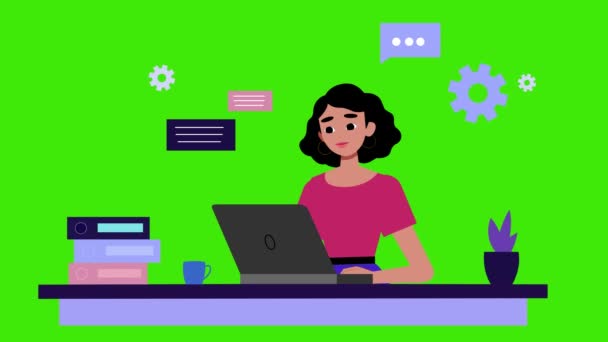 Animation Cartoon Woman Working Laptop Businesswoman Woman Motion Graphics Green — Stock Video