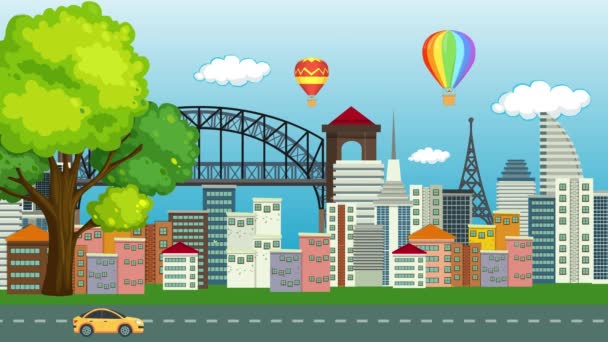 Heißluftballon Fliegen Auf Stadthimmel Hintergrund Cartoon Bunten Ballon Mit Korb — Stockvideo