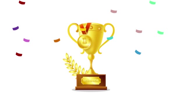 ゴールデン トロフィー カップ ホワイトバックに落ちるセッティ 落ちるセッティ 最初の場所のラベル 成功の勝利 — ストック動画