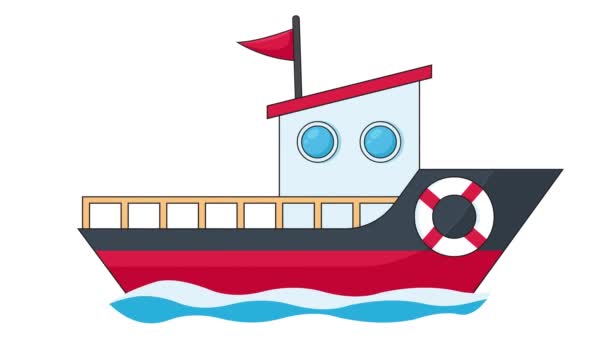 Cabin Cruiser Schwimmt Blauen Wellen Auf Weißem Hintergrund Cartoon Bunten — Stockvideo