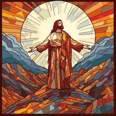 Yüce İsa 'nın bir dağın tepesindeki vitraylı penceresi, kolları açık..