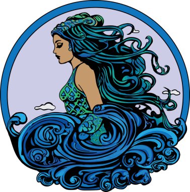 Mavi ve yeşil renkli bir deniz kızının vektör çizimi, okyanus dalgaları