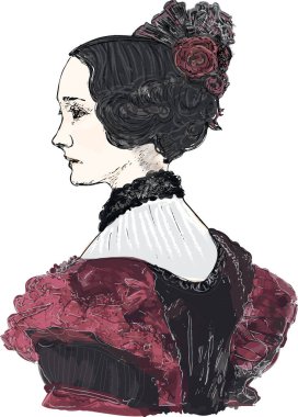 Ada Lovelace 'ın portresi (1815-1852), eski bilgisayar bilimci ve matematikçisi, saçları kabarık kırmızı dantelli bir elbise içinde..